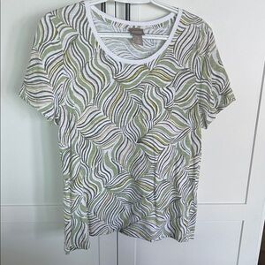 Chico’s  Green and White Leaf Print Short Sleeve Top